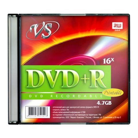 

Диск VS DVD+R, 4.7Gb, 16x, Slim Case, 5 шт, Printable (VSDVDPRIPSL501)