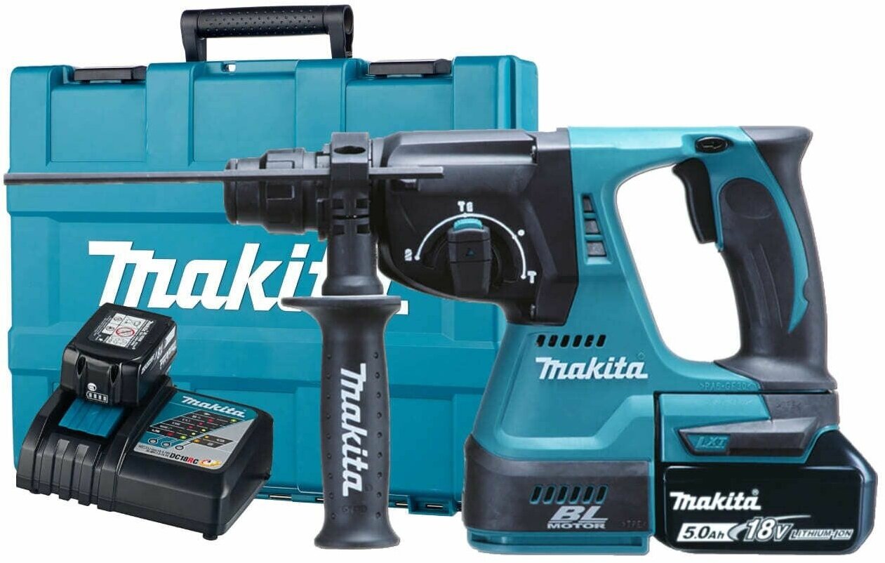 Перфоратор Makita DHR242RT, аккумуляторный, SDS-Plus, 2 Дж, 950 об/мин, 4700 уд/мин, 18V, 5 А·ч, Li-Ion, один акб, пластиковый кейс, 3.3 кг (DHR242RT)