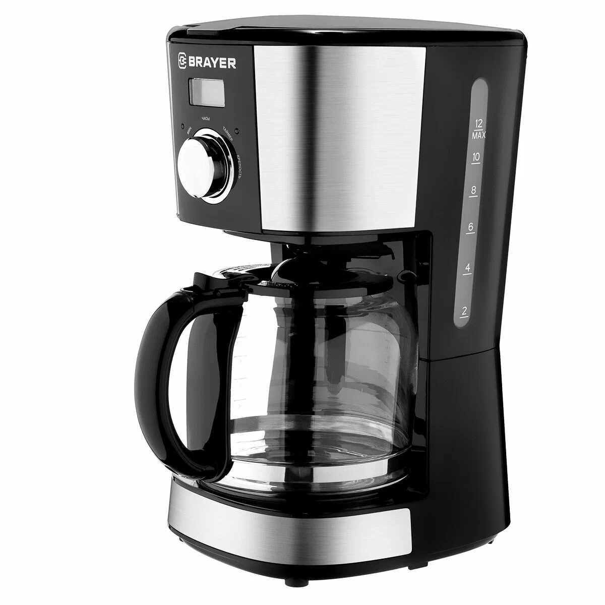 

Кофеварка капельная BRAYER BR1122, 900 Вт, кофе молотый, 1.5 л/1.5 л, дисплей, серебристый,черный (BR1122), BR1122