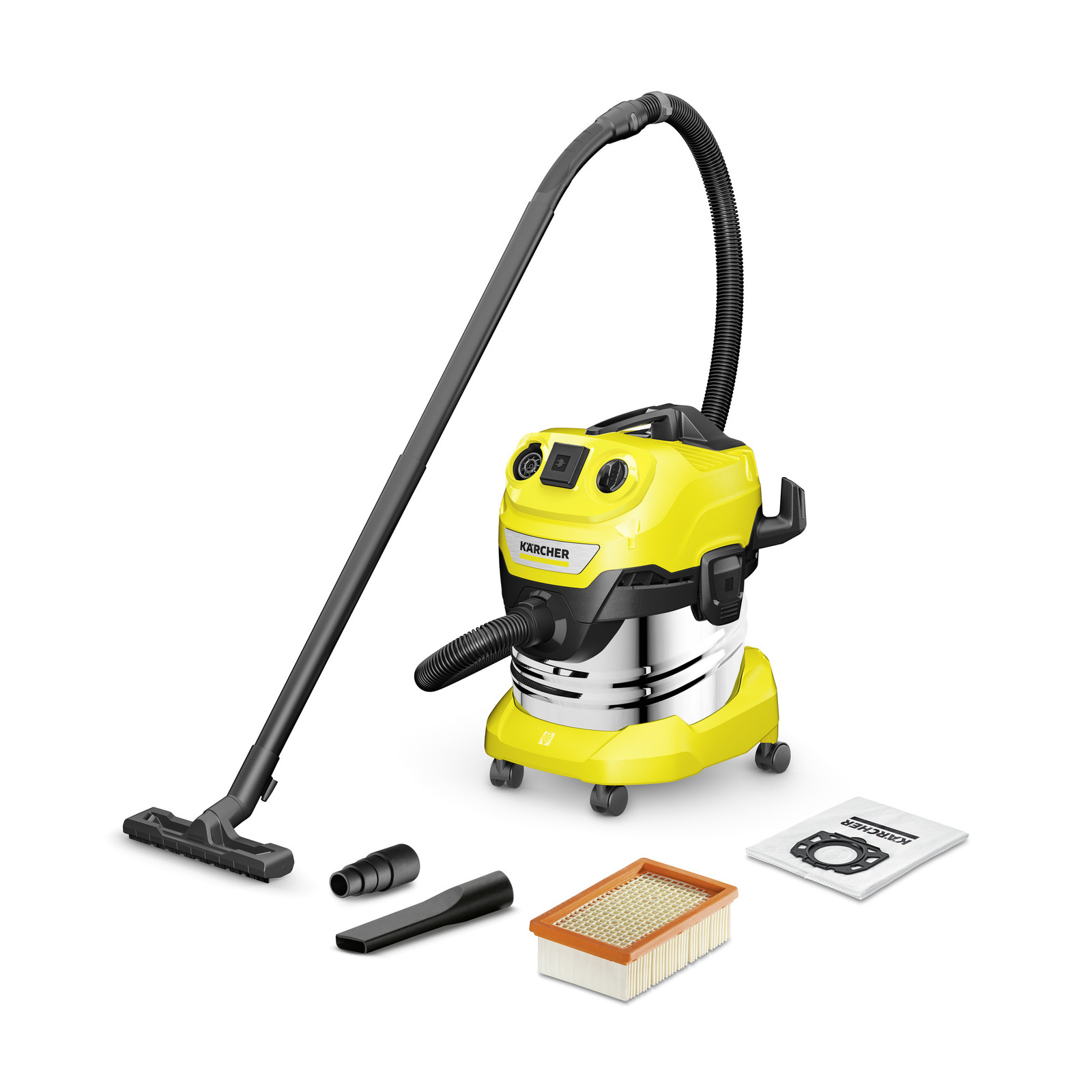 Строительный пылесос KARCHER WD 4 P S V-20/5/22, сетевой, 1 кВт, сухая, влажная уборка, объем пылесборника 20 л, контейнер/фильтр-мешок, диаметр шланга 3.5 см, длина шланга 2.2 м, встроенная розетка, 7.56 кг (1.628-290.0)