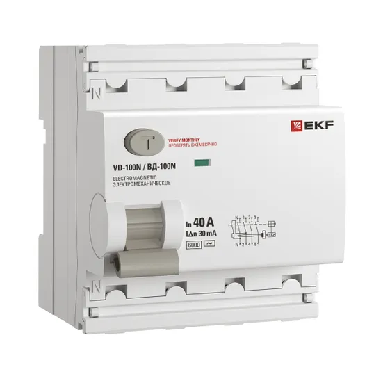 Выключатель дифференциальный (УЗО) ВД-100N, 4P, 40А, 30мА, тип AC, EKF