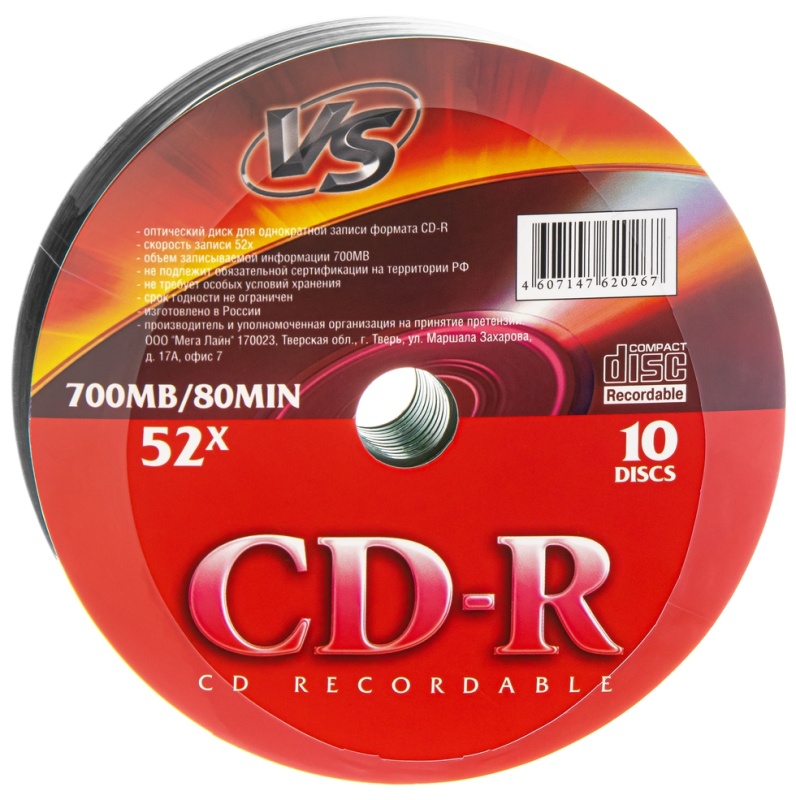 Диск VS CD-R, 700Mb, 52x, Shrink, 10 шт (VSCDRSH1001)