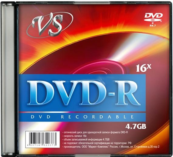 Диск VS DVD-R, 4.7Gb, 16x, Slim Case, 1 шт, Printable (VSDVDRSL01)