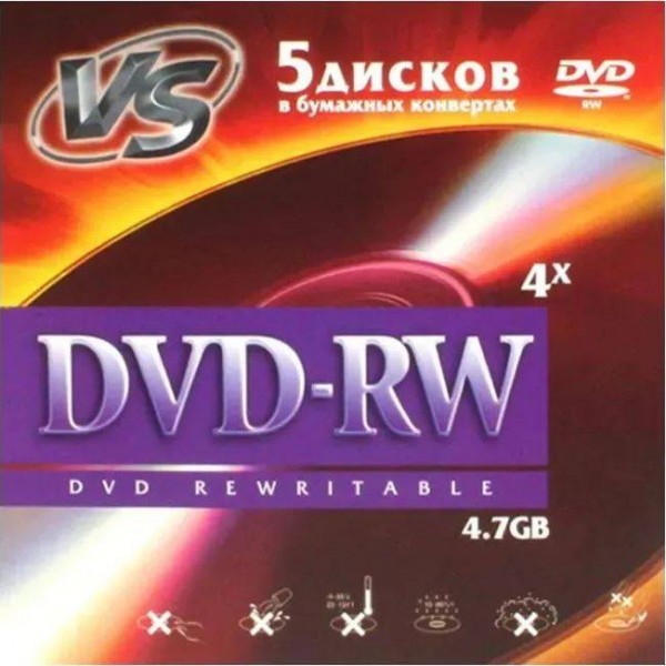 

Диск VS DVD-RW, 4.7Gb, 4x, конверт, 5 шт, Printable (VSDVDRWK501)