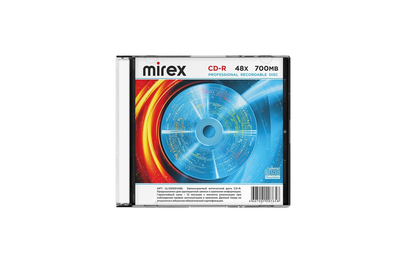 

Диск Mirex CD-R, 700Mb, 48x, Slim Case, 1 шт, Printable (UL120051A8S)