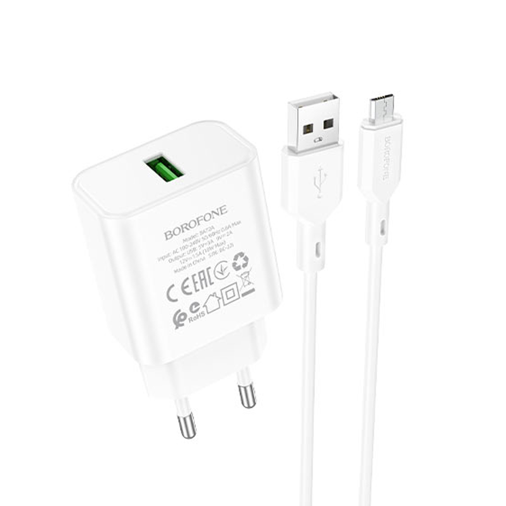 

Сетевое зарядное устройство Borofone BA72A Spring 18 Вт, USB, EU, Quick Charge, белый (6974443388572), кабель microUSB/USB Type A, BA72A Spring