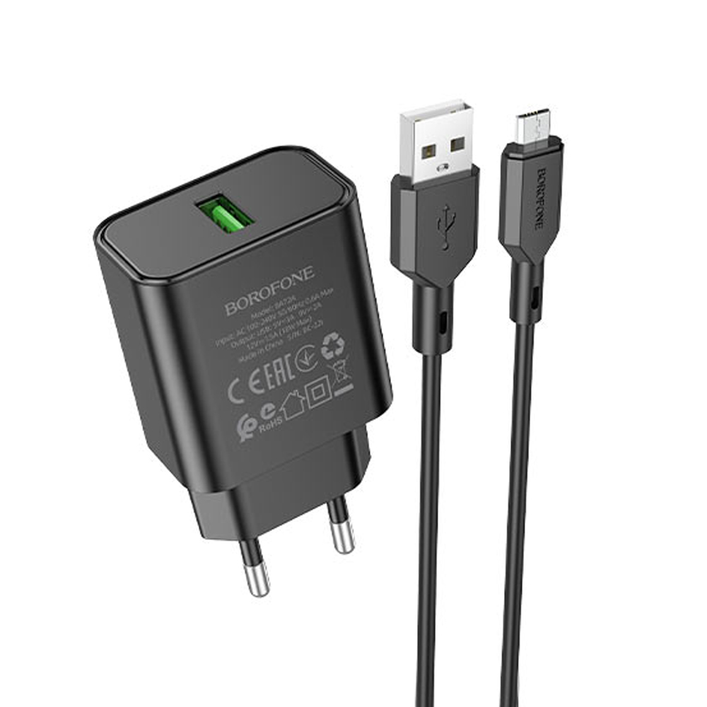 

Сетевое зарядное устройство Borofone BA72A Spring 18 Вт, USB, EU, Quick Charge, черный (6974443388565), кабель microUSB/USB Type A, BA72A Spring