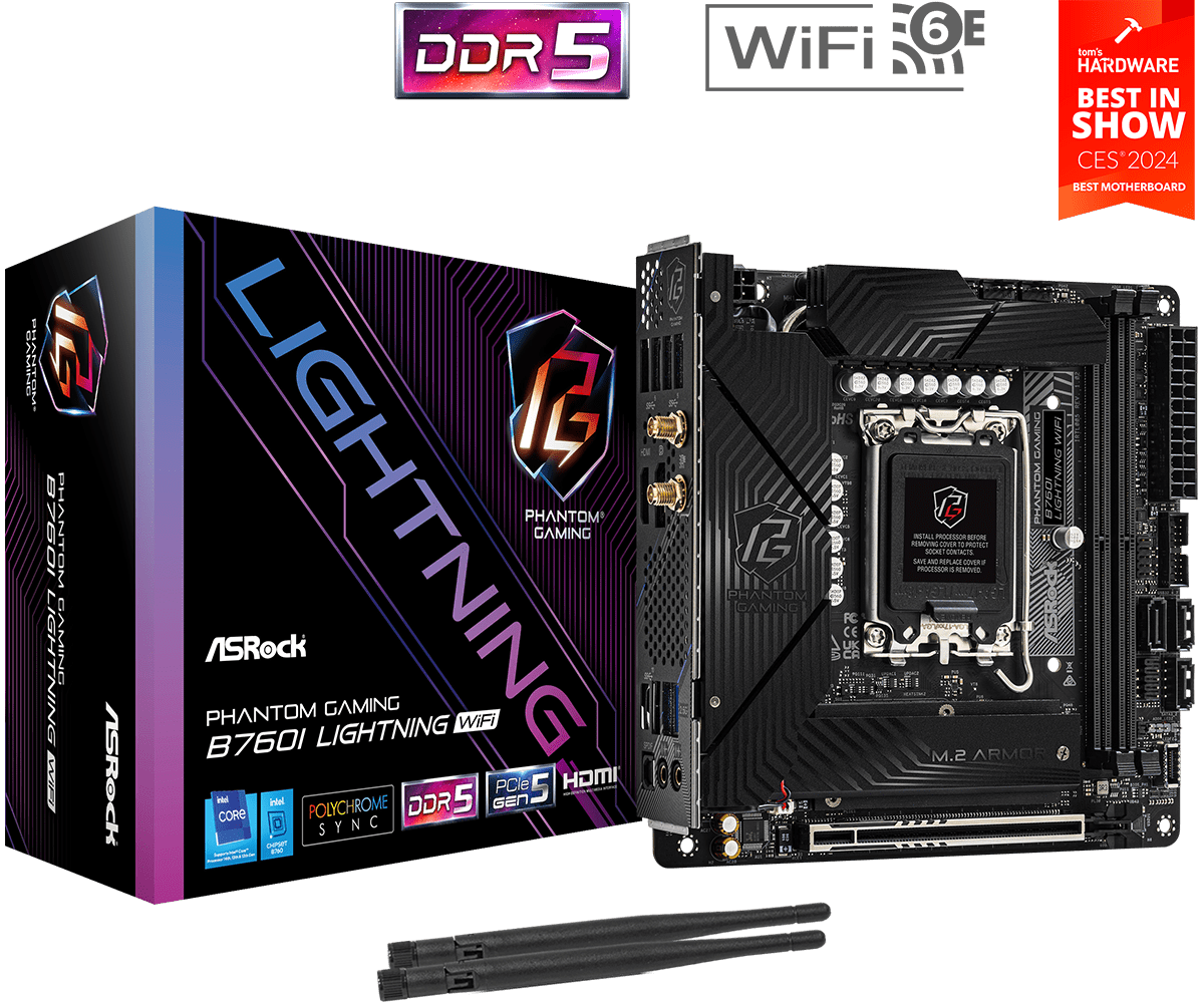 

Материнская плата ASRock B760I LIGHTNING WIFI, Socket1700, Intel B760, 2xDDR5 DIMM, PCI-Ex16, 3SATA3, 7.1-ch, 2.5GLAN, 7 USB 3.2, 2 USB Type-C, HDMI, DP, mini-ITX, Retail, B760I LIGHTNING WIFI