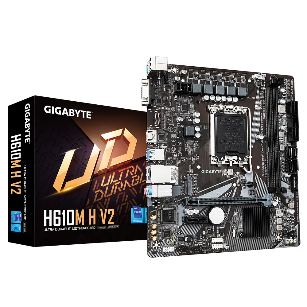 

Материнская плата GIGABYTE H610M H V2, Socket1700, Intel H610, 2xDDR5 DIMM, PCI-Ex16, 4SATA3, 7.1-ch, GLAN, 4 USB 3.2, VGA, HDMI, mATX, Retail, H610M H V2