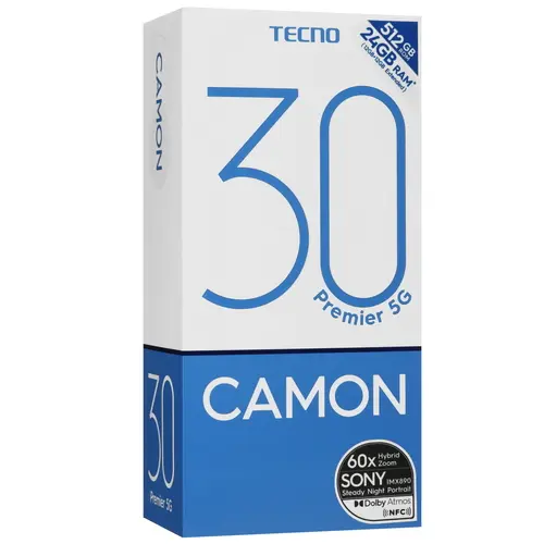 

Смартфон Tecno CAMON 30 Premier, 6.78" 2436x1080 AMOLED, MediaTek Dimensity 8200 Ultra, 12Gb RAM, 512Gb, 3G/4G/5G, NFC, Wi-Fi, BT, 3xCam, 2-Sim, 5000 мА⋅ч, USB Type-C, Android 14, серебристый (CL9 CAMON 30 Pre 12+512 Silver), CAMON 30 Premier