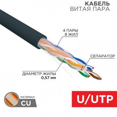 

Витая пара UTP кат.6, 4 пары, CU, 0.57 мм, 305м., внешний, одножильный, PE, черный, REXANT (01-0058)
