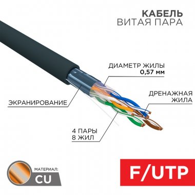 Витая пара FTP кат.6, 4 пары, CU, 0.57 мм, 305м., внешний, одножильный, PE, черный, REXANT (01-0158)