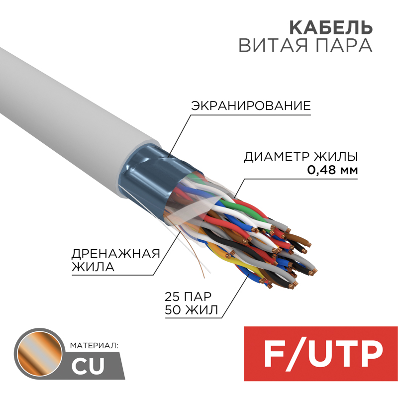

Витая пара FTP кат.5e, 25 пар, CU, 0.48 мм, 305м., внутренний, одножильный, PVC, серый, REXANT (01-1201-R)
