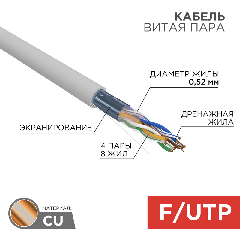 

Витая пара FTP кат.5e, 4 пары, CU, 0.52 мм, 305м., внутренний, одножильный, нг(А)-HF, серый, REXANT (02-0021)