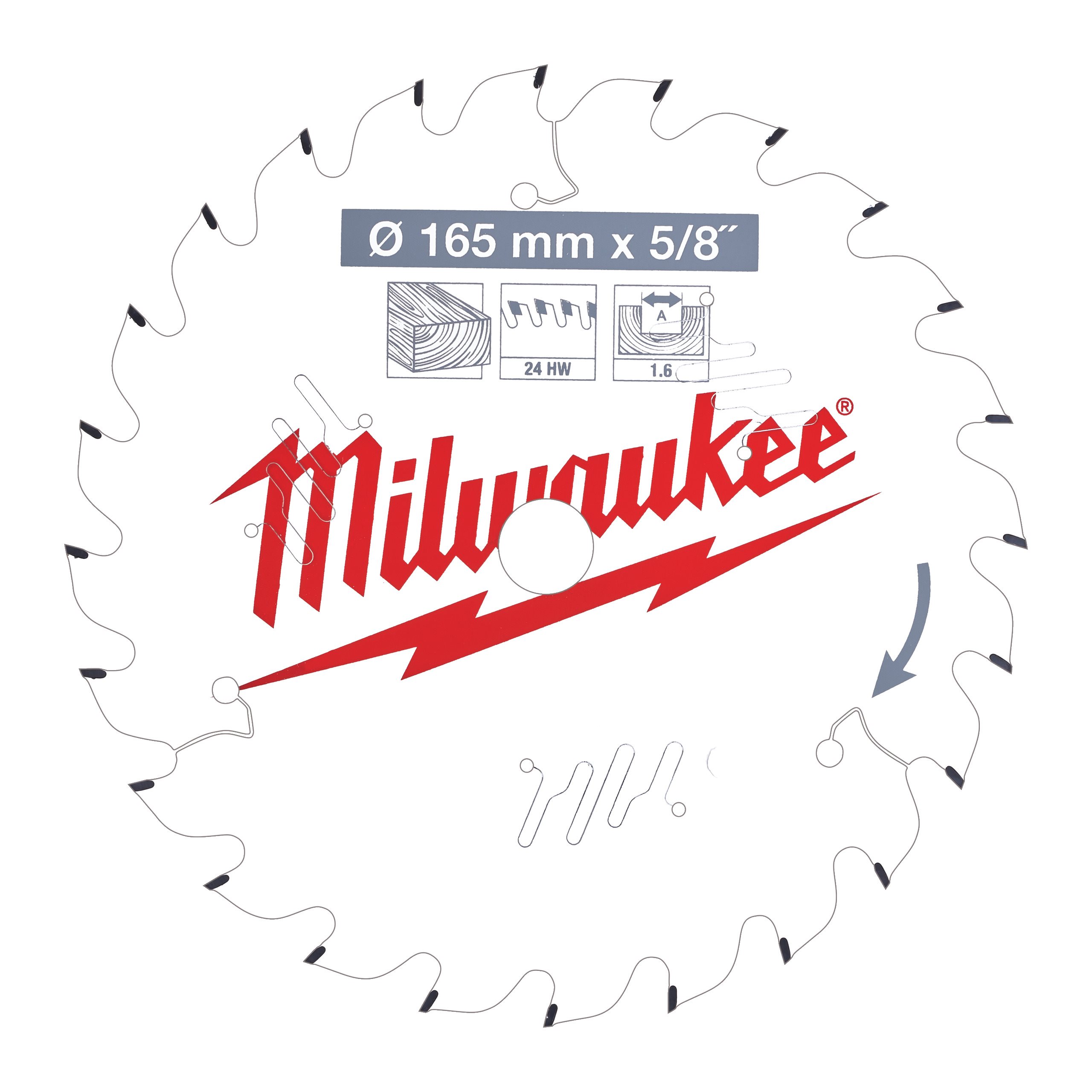 Пильный диск Milwaukee, ⌀165 мм x 15.87 мм дерево, фанера, ламинат, шпон, ДСП, МДФ, чистый/точный рез, 24T, 1 шт. (4932471311)