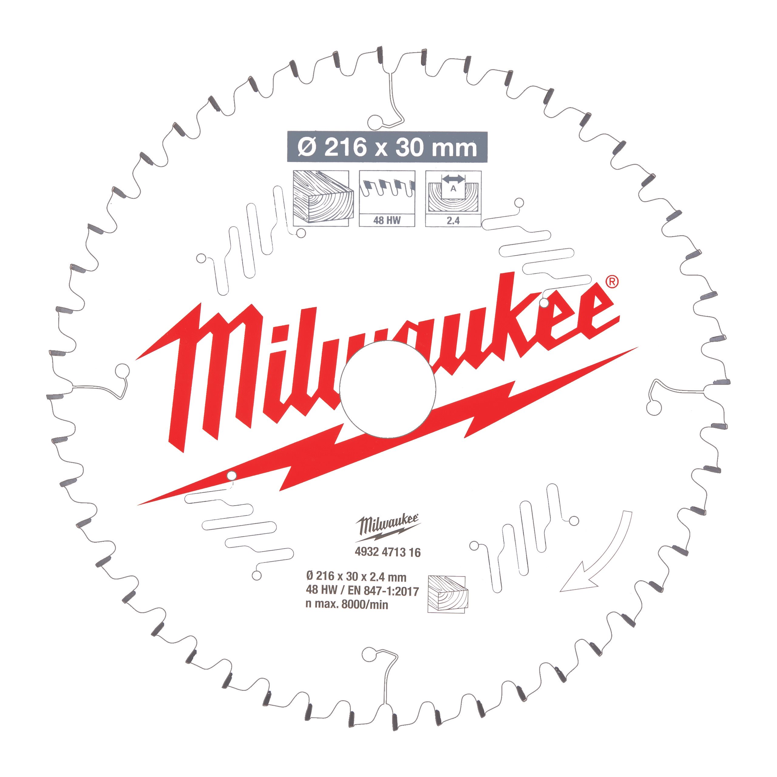

Пильный диск Milwaukee, ⌀216 мм x 30 мм по дереву, чистый/точный рез, 48Т, 1 шт. (4932471316)