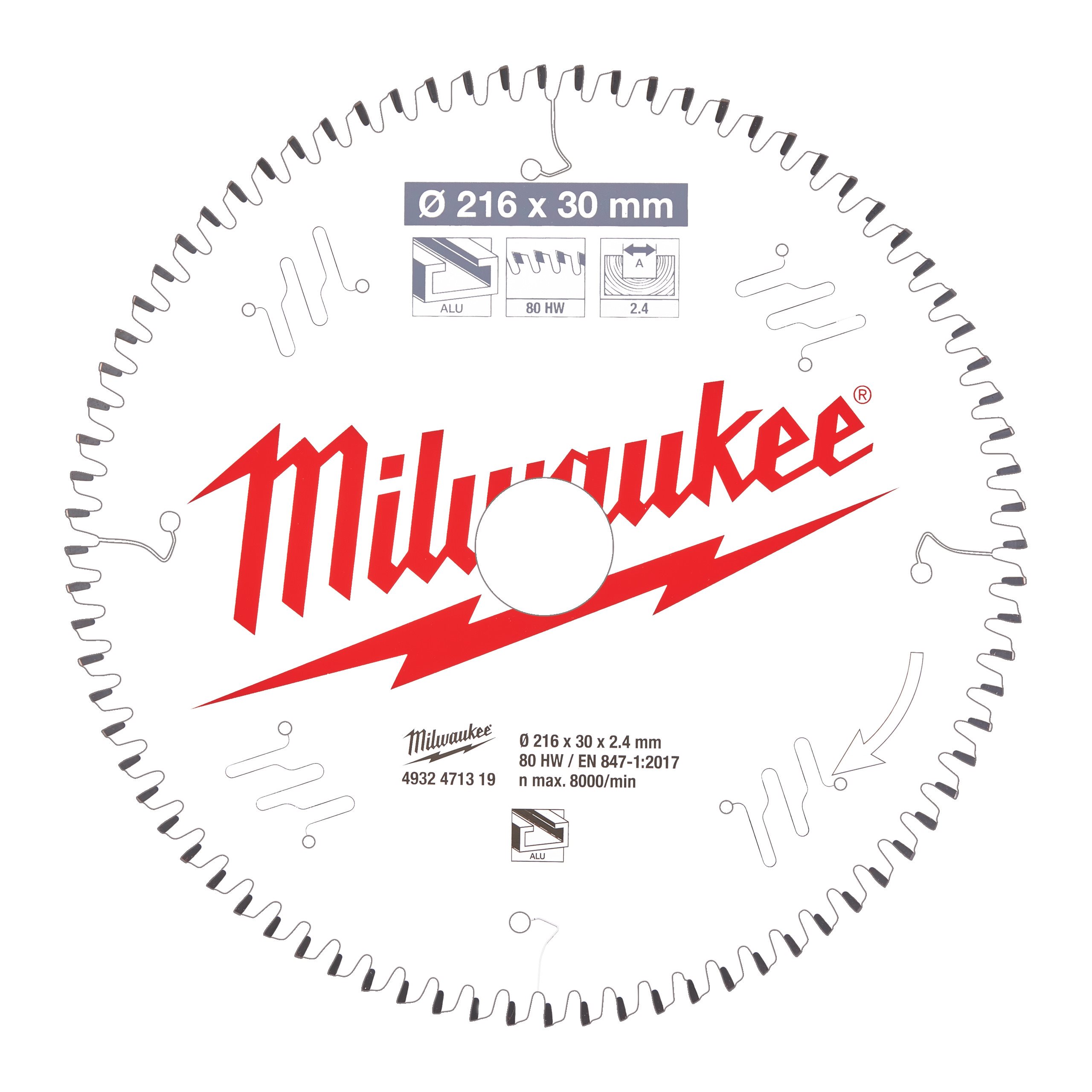 

Пильный диск Milwaukee, ⌀216 мм x 30 мм по металлу/пластику, чистый/точный рез, 80T, 1 шт. (4932471319)