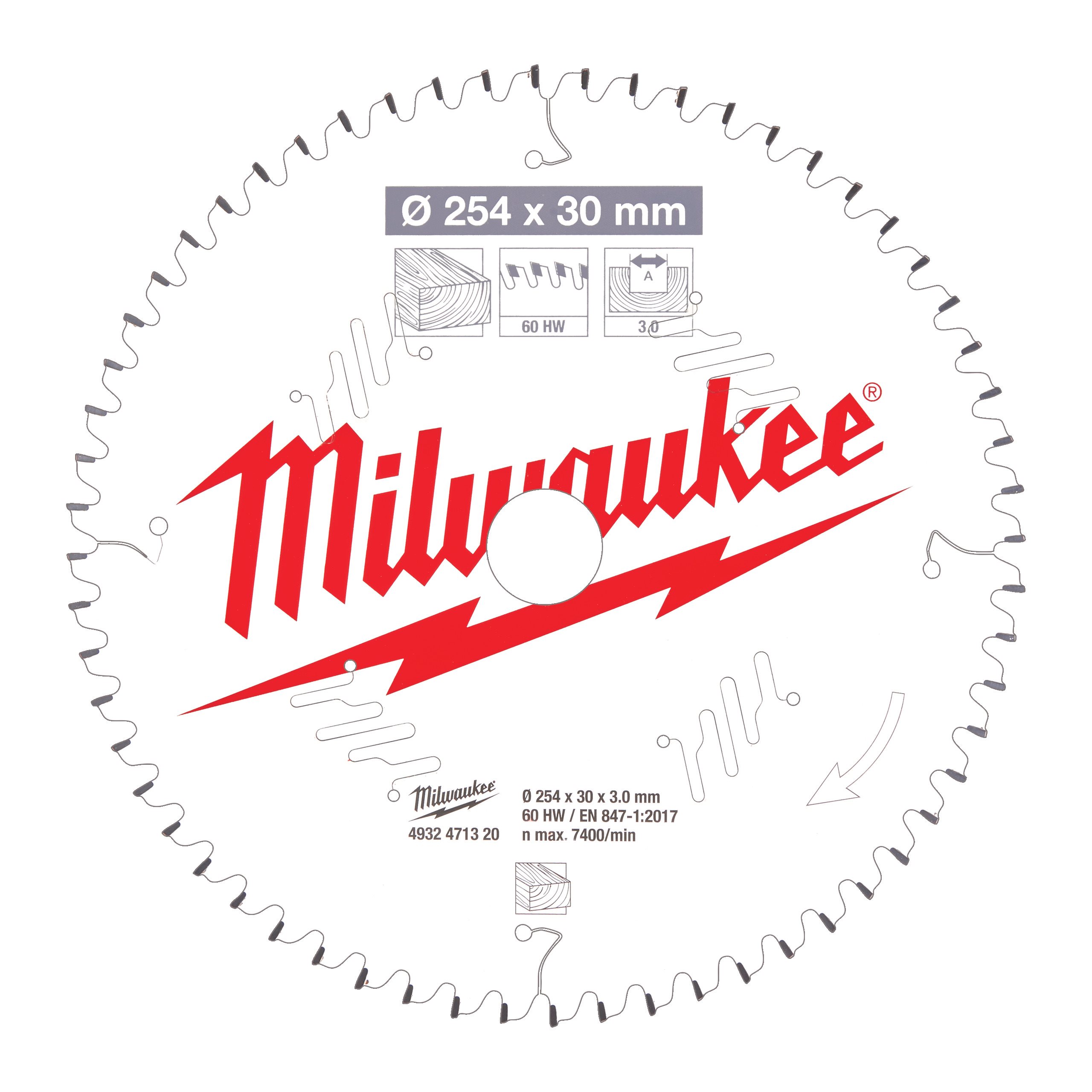

Пильный диск Milwaukee, ⌀254 мм x 30 мм по дереву, чистый/точный рез, 60T, 1 шт. (4932471320)