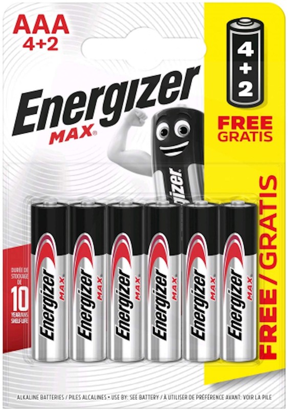 

Батарея Energizer MAX, AAA (LR03), 1.5V, 6 шт. (Max LR03 AAA BL4+2)