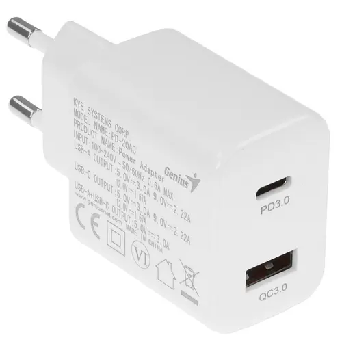 Сетевое зарядное устройство Genius PD-20AC 20 Вт USB EU USB type-C Quick Charge PD белый 32590005400 590₽