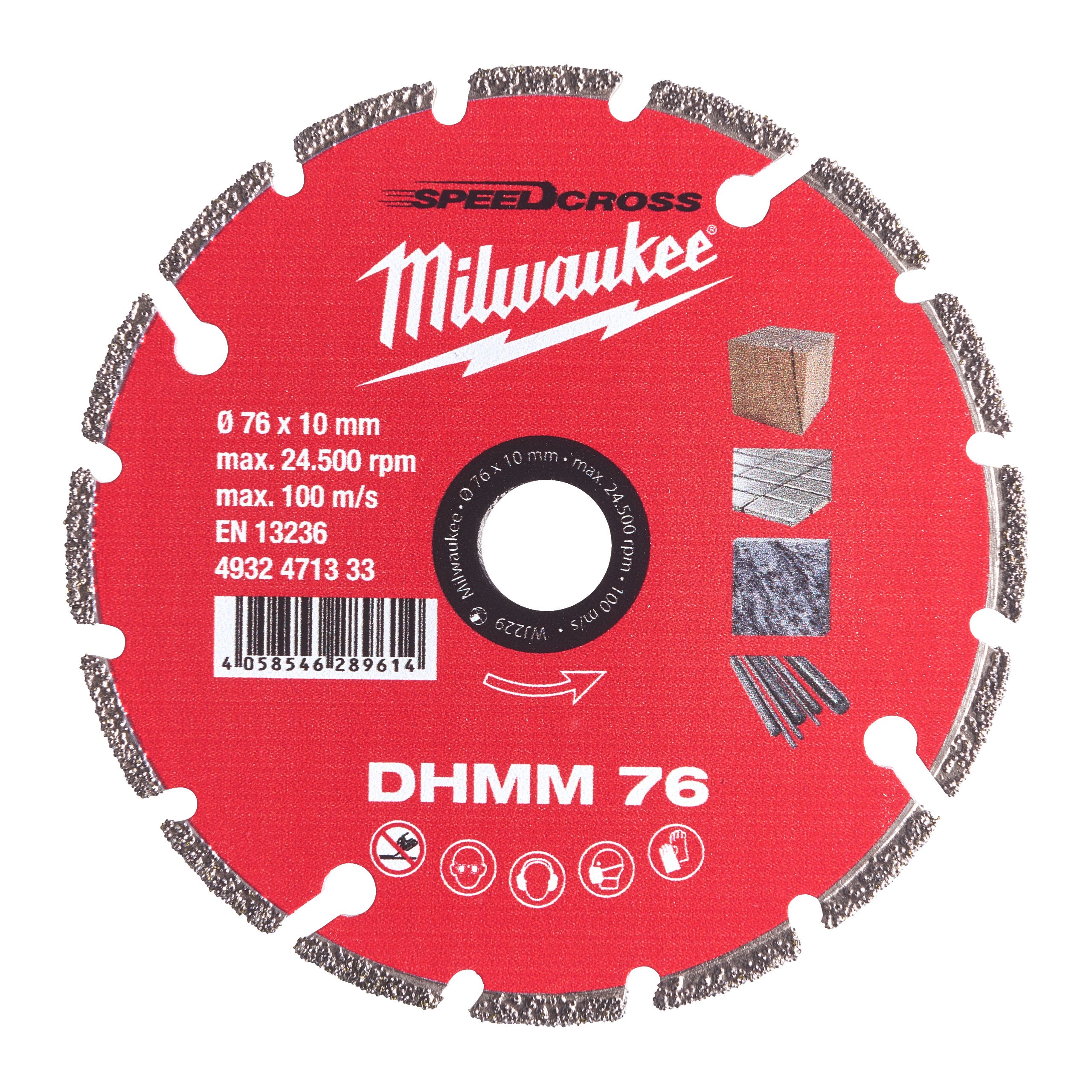 

Диск отрезной алмазный Milwaukee Speedcross DHMM ⌀76 мм x 10 мм, прямой, ПВХ, плитка, твердый натуральный камень, композитные материалы, гипсокартон, тонкое дерево, резьбовые шпильки, листовой металл, 1 шт. (4932471333), Speedcross
