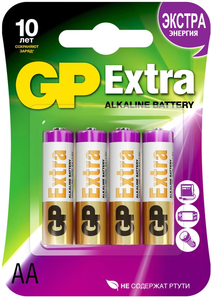 

Батарейка GP Extra Alkaline, AA (LR6), 1.5V, 4 шт. (4891199177712)