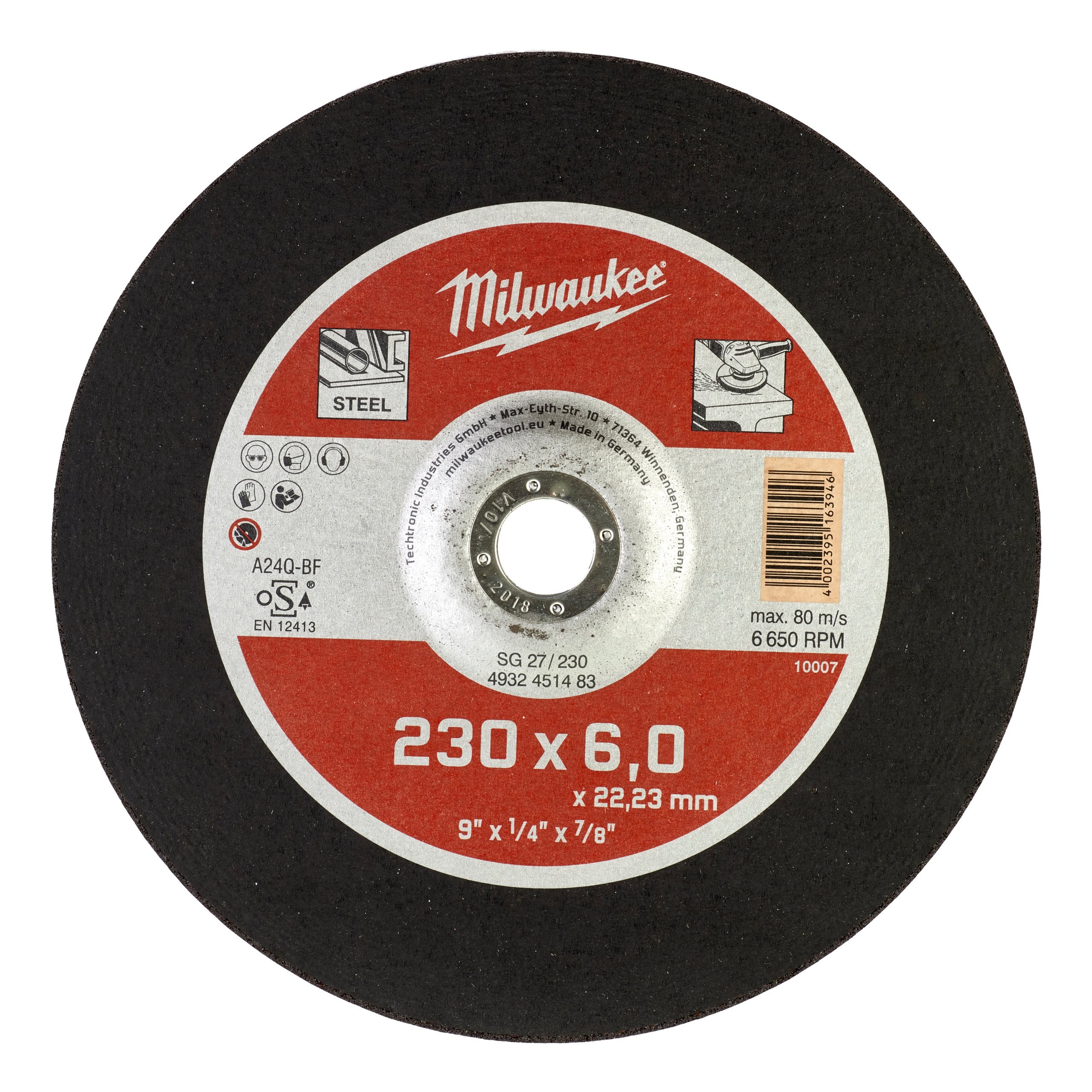 

Диск шлифовальный Milwaukee SG27 ⌀23 см x 6 мм x 22,23, 1 шт., по тонкой стали (4932451483), SG27