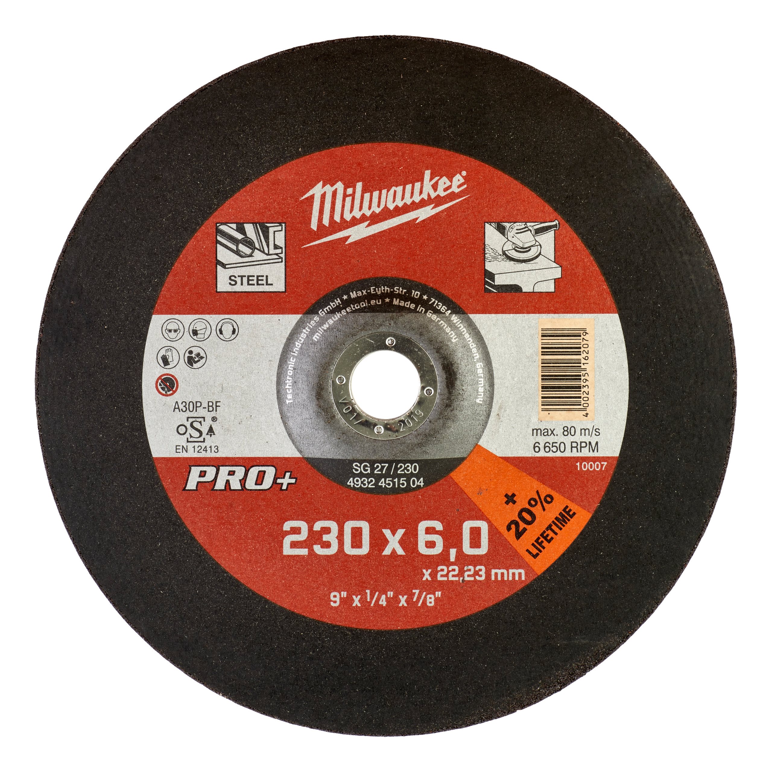 

Диск шлифовальный Milwaukee SG27 PRO+ ⌀23 см x 6 мм x 22,23, 1 шт., по легированной и нелегированной стали (4932451504), SG27