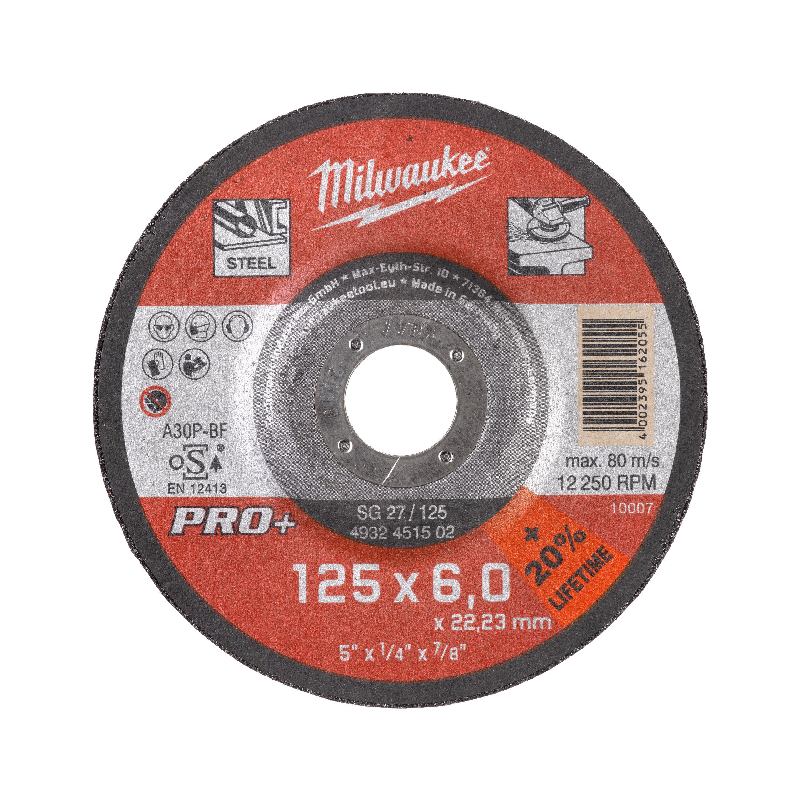 

Диск шлифовальный Milwaukee SG27 PRO+ ⌀12.5 см x 6 мм x 22,23, 1 шт., по металлу (4932451502), SG27