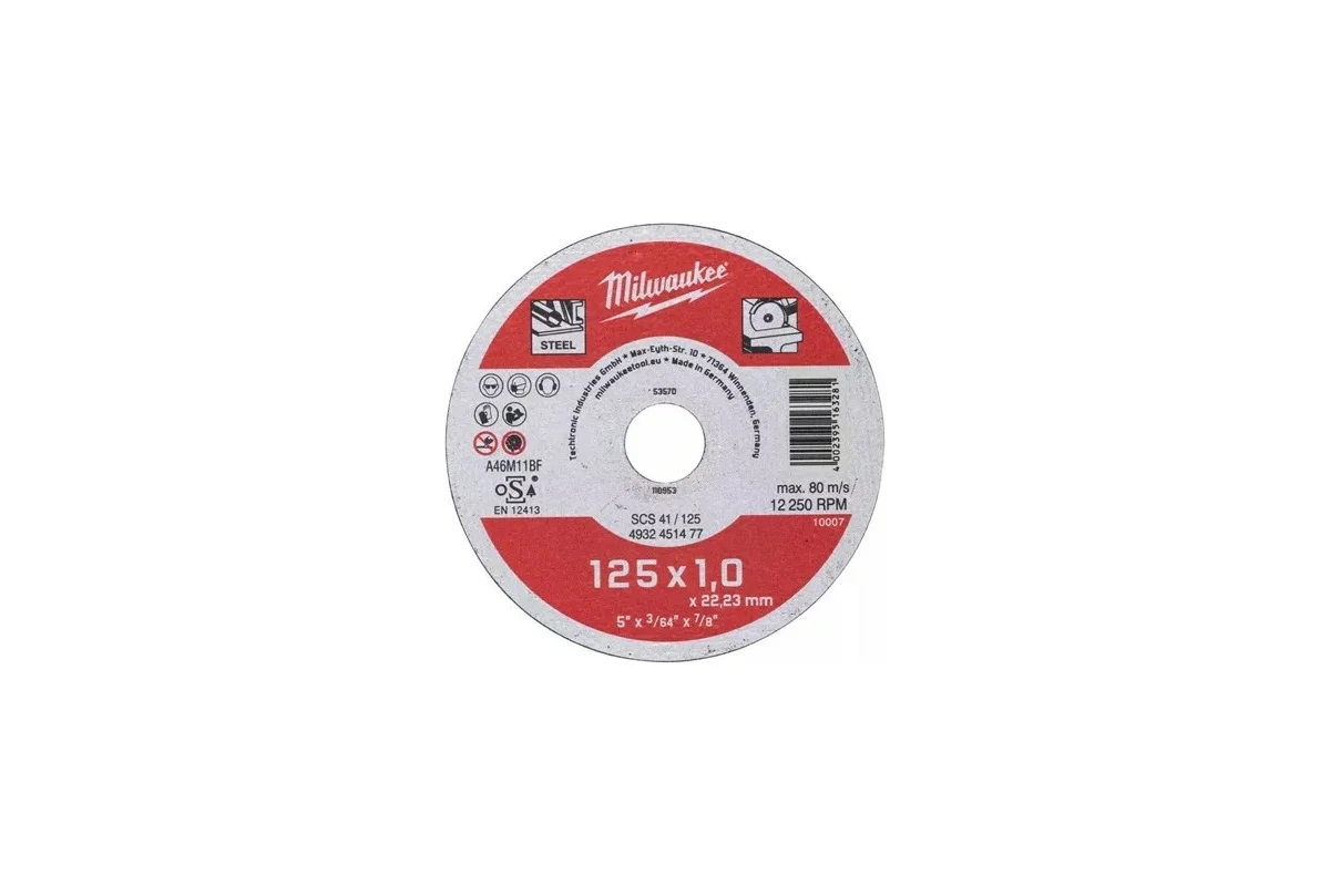 

Диск отрезной Milwaukee SCS41 ⌀125 мм x 1 мм x 22.2 мм, прямой, по стали всех марок, 1 шт. (4932451477), SCS41