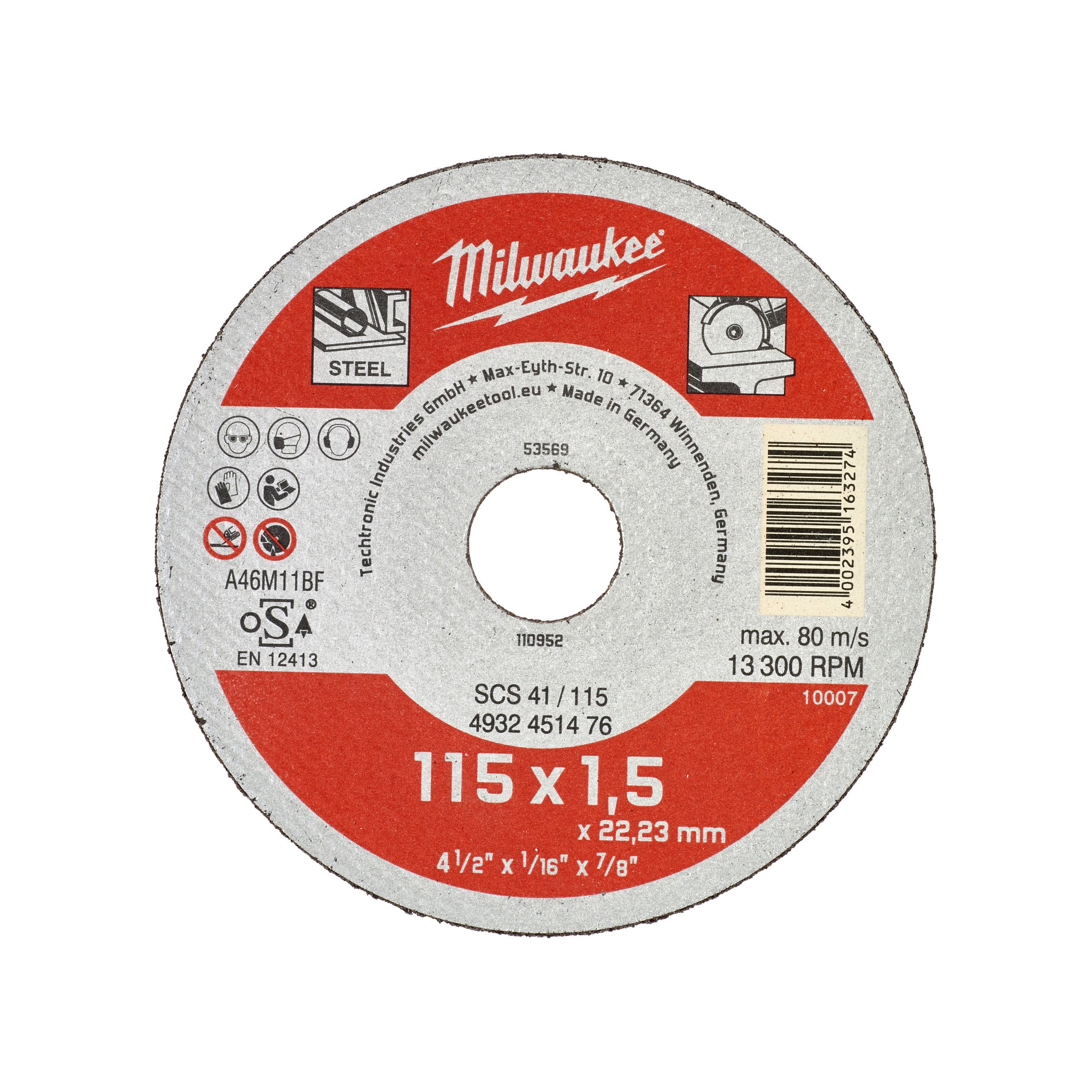 

Диск отрезной Milwaukee SCS41 ⌀115 мм x 1.5 мм x 22.2 мм, прямой, для кислостойкой стали, раекс, высоколегированной стали, мягкой и инструментальной стали. Не подходят для нержавеющей стали., 1 шт. (4932451476), SCS41