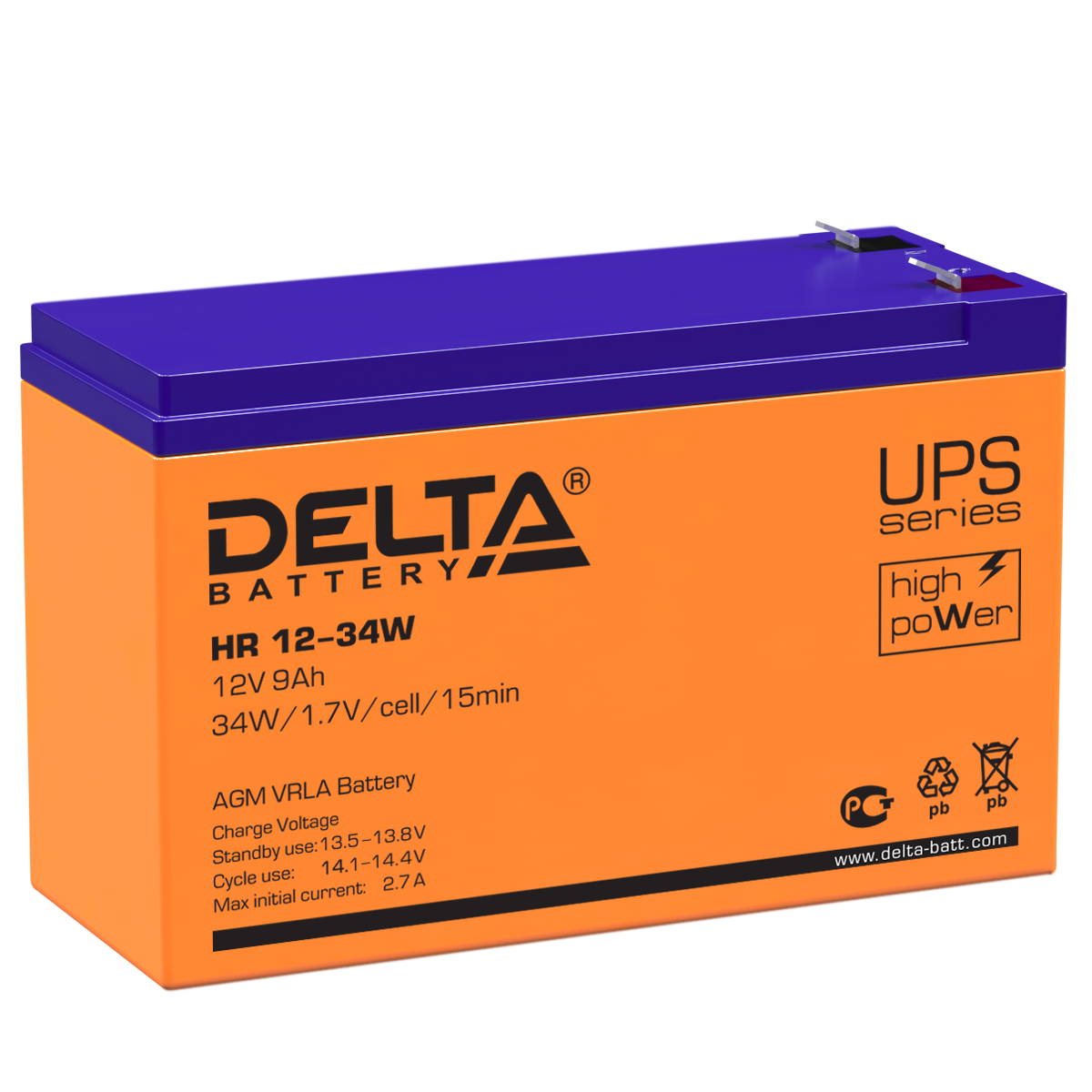 

Комплект. Аккумуляторная батарея Delta HR-W 12-34, 12V, 9Ah (HR 12-34 W) 10 шт, Оранжевый, 12-34