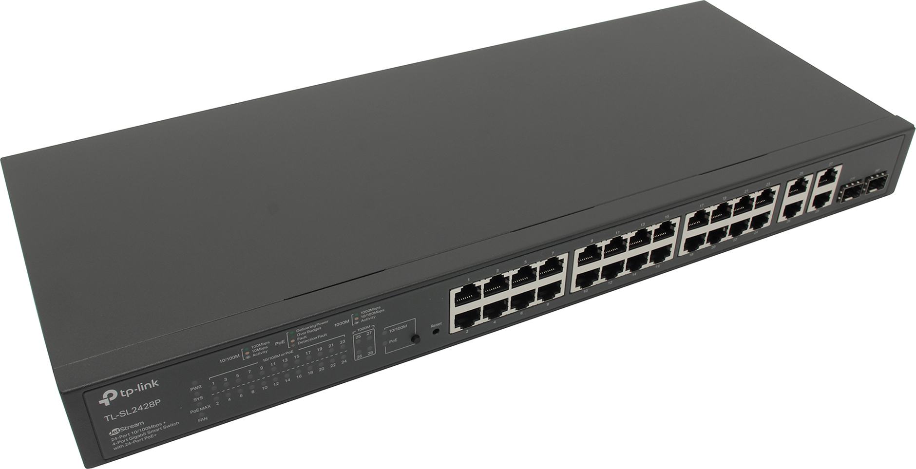 Коммутатор TP-Link TL-SL2428P, управляемый, кол-во портов: 24x100 Мбит/с combo RJ-45/SFP 2x1, кол-во SFP/uplink: RJ-45 2x1 Гбит/с, установка в стойку, PoE: 24x30 Вт (макс. 250 Вт) (TL-SL2428P)