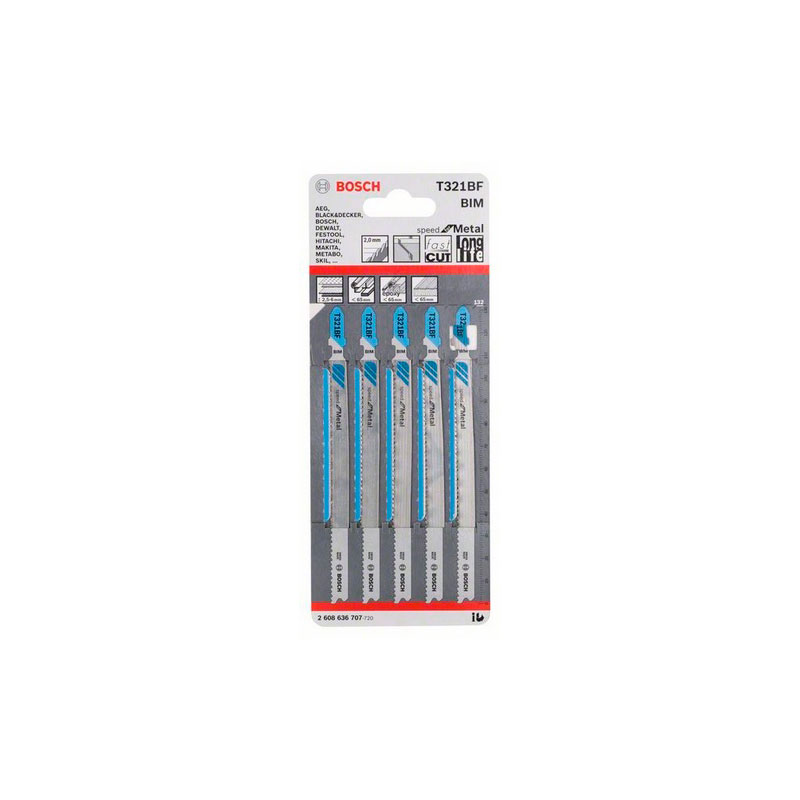 Набор пилок для лобзика Bosch T 321 BF L13.2 см x 10.6 см, Листовой и перфорированный металл средней толщины (2,5–6 мм), композитные материалы (<65 мм), толстостенные трубы, закрытые + открытые профили, включая алюминий (Ø <65 мм), стеклопластик/эпоксидные материалы (<65 мм)