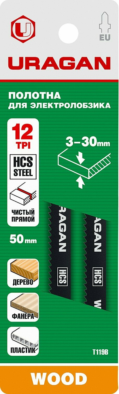 Набор пилок для лобзика Uragan T119B L7.5 см x 5 см, чистый прямой рез, дерево, ДСП, фанера, 2 шт. (159481-2_z02)