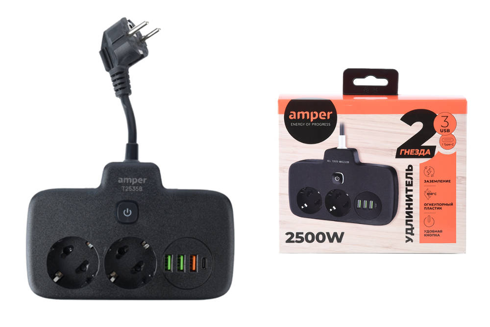 

Удлинитель Amper T2535B, 2-розетки, 3xUSB, 1xUSB Type-C, 20 см, черный (T2535B), T2535B