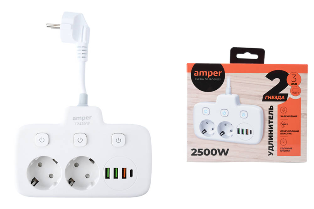 Удлинитель Amper T2435W, 2-розетки, 3xUSB, 1xUSB Type-C, 20 см, белый (T2435W)