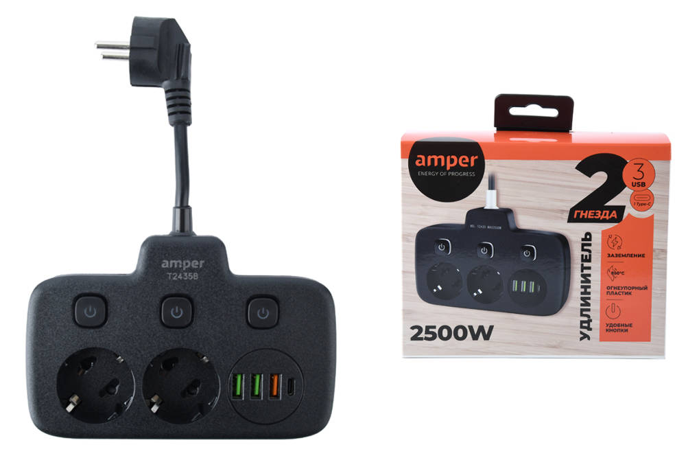 Удлинитель Amper T2435B, 2-розетки, 3xUSB, 1xUSB Type-C, 20 см, черный (T2435B)