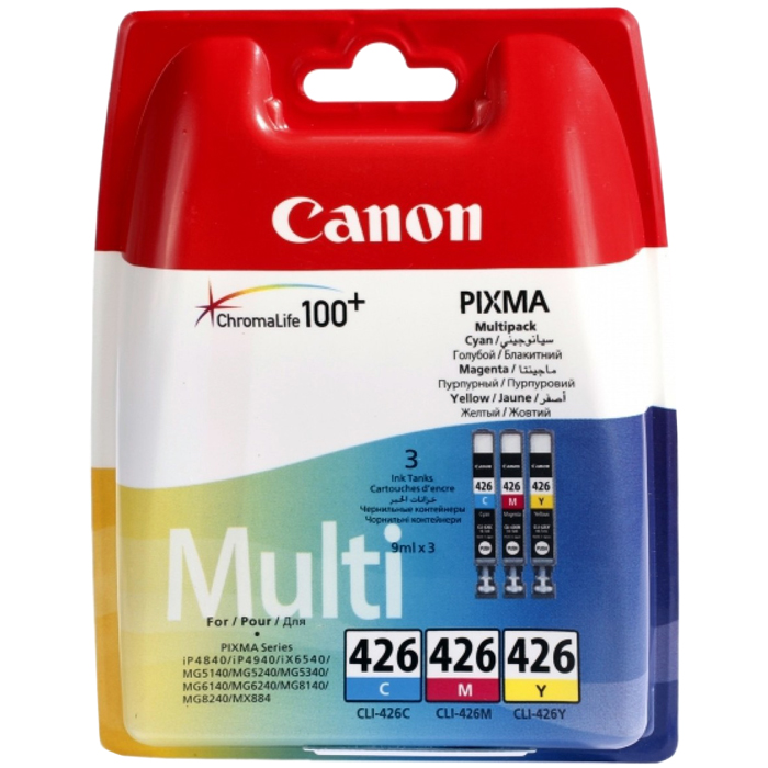 

Комплект картриджей струйный Canon CLI-426CMY (4557B006), голубой/пурпурный/желтый, оригинальный, объем 9мл, ресурс 460 страниц, 3шт., для Canon PIXMA-iP4840 / iP4940 / iX6540 / MG5140 / MG5240 / MG5340 / MG6140 / MG6240 / MG8140 / MG8240 / MX714 / MX884 