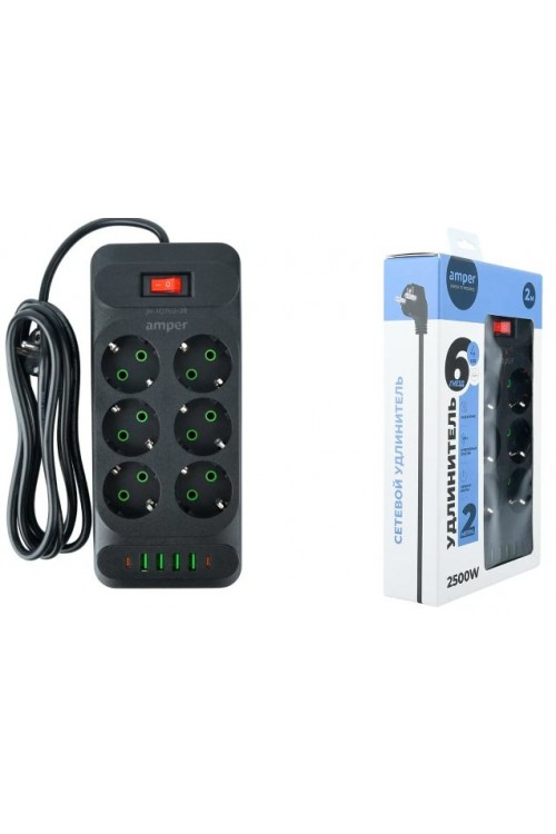 

Удлинитель Amper JH-1076U-2B, 6-розеток, 4xUSB, 2xUSB Type-C, 2 м, черный (JH-1076U-2B), JH-1076U-2B