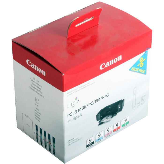 

Картридж струйный Canon PGI-9 MBK/PC/PM/R/G (1033B011), черный матовый/фото-голубой/фото-пурпурный/красный/зеленый, оригинальный, объем 14мл, 5шт., для Canon PIXMA-Pro9500, PGI-9 MBK/PC/PM/R/G