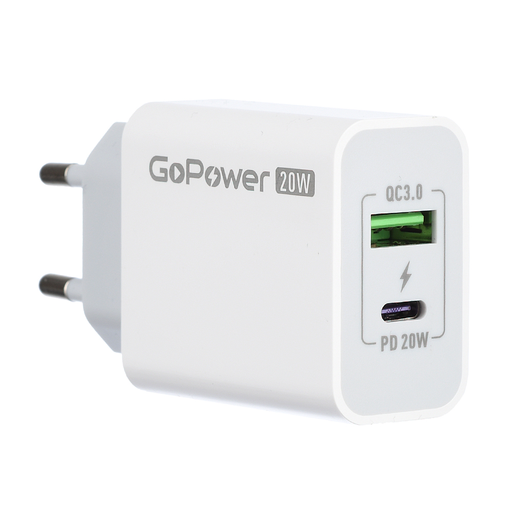 

Сетевое зарядное устройство GoPower GPQC08 20 Вт, USB, EU, USB type-C, Quick Charge, PD, белый (00-00028401), GPQC08