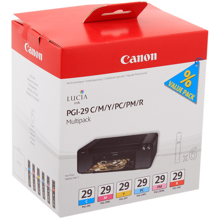 

Картридж струйный Canon PGI-29 C (4873B005), голубой/пурпурный/желтый/голубой для фото/пурпурный для фото/красный, оригинальный, ресурс 230 - голубой, 281 - пурпурный, 290 - желтый, 400 - голубой для фото, 228 - пурпурный для фото, 454 - красный, для Cano