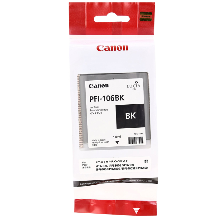 

Картридж струйный Canon PFI-106 BK (6621B001), черный, оригинальный, объем 130мл, для Canon imagePROGRAF-iPF6300 / iPF6300s / iPF6350 / iPF6400 / iPF6400s / iPF6400se / iPF6450, PFI-106 BK
