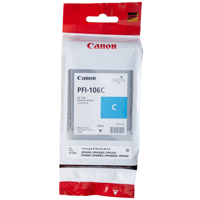 

Картридж струйный Canon PFI-106 C (6622B001), голубой, оригинальный, объем 130мл, для Canon imagePROGRAF-iPF6300 / iPF6300s / iPF6350 / iPF6400 / iPF6400s / iPF6400se / iPF6450, PFI-106 C