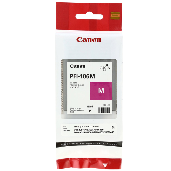 

Картридж струйный Canon PFI-106 M (6623B001), пурпурный, оригинальный, объем 130 мл для Canon Canon imagePROGRAF-iPF6300 / iPF6300s / iPF6350 / iPF6400 / iPF6400s / iPF6400se / iPF6450, PFI-106 M