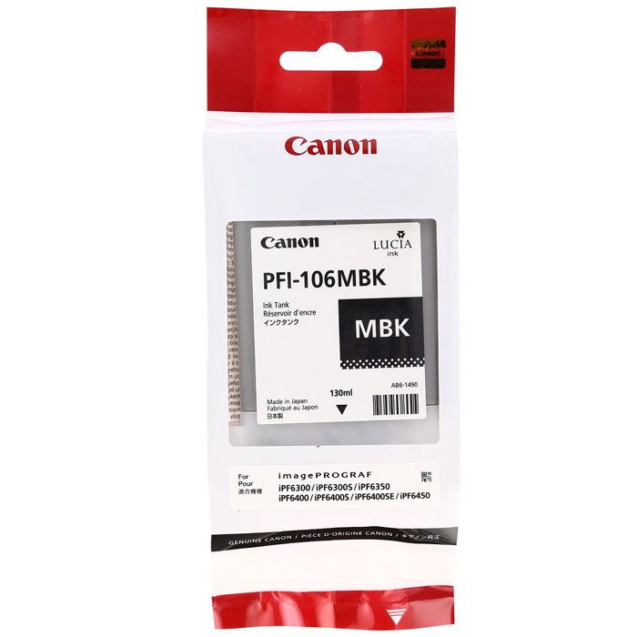

Картридж струйный Canon PFI-106 MBK (6620B001), черный матовый, оригинальный, объем 130мл, для Canon imagePROGRAF-iPF6300 / iPF6300s / iPF6350 / iPF6400 / iPF6400s / iPF6400se / iPF6450, PFI-106 MBK