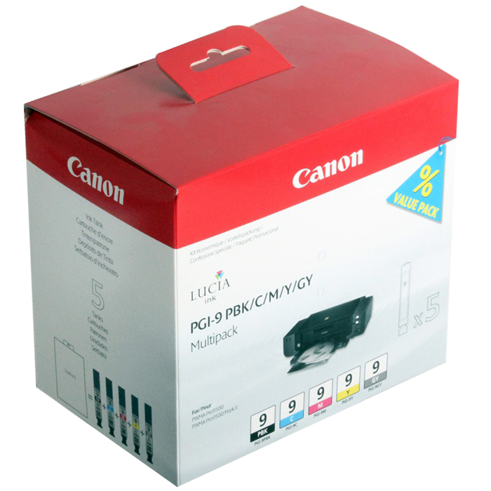 

Картридж струйный Canon PGI-9 PBK/C/M/Y/GY (1034B013), голубой/пурпурный/желтый/черный/серый, оригинальный, объем 14мл, ресурс 2000 страниц, 5шт., для Canon PIXMA-Pro9500, PGI-9 PBK/C/M/Y/GY