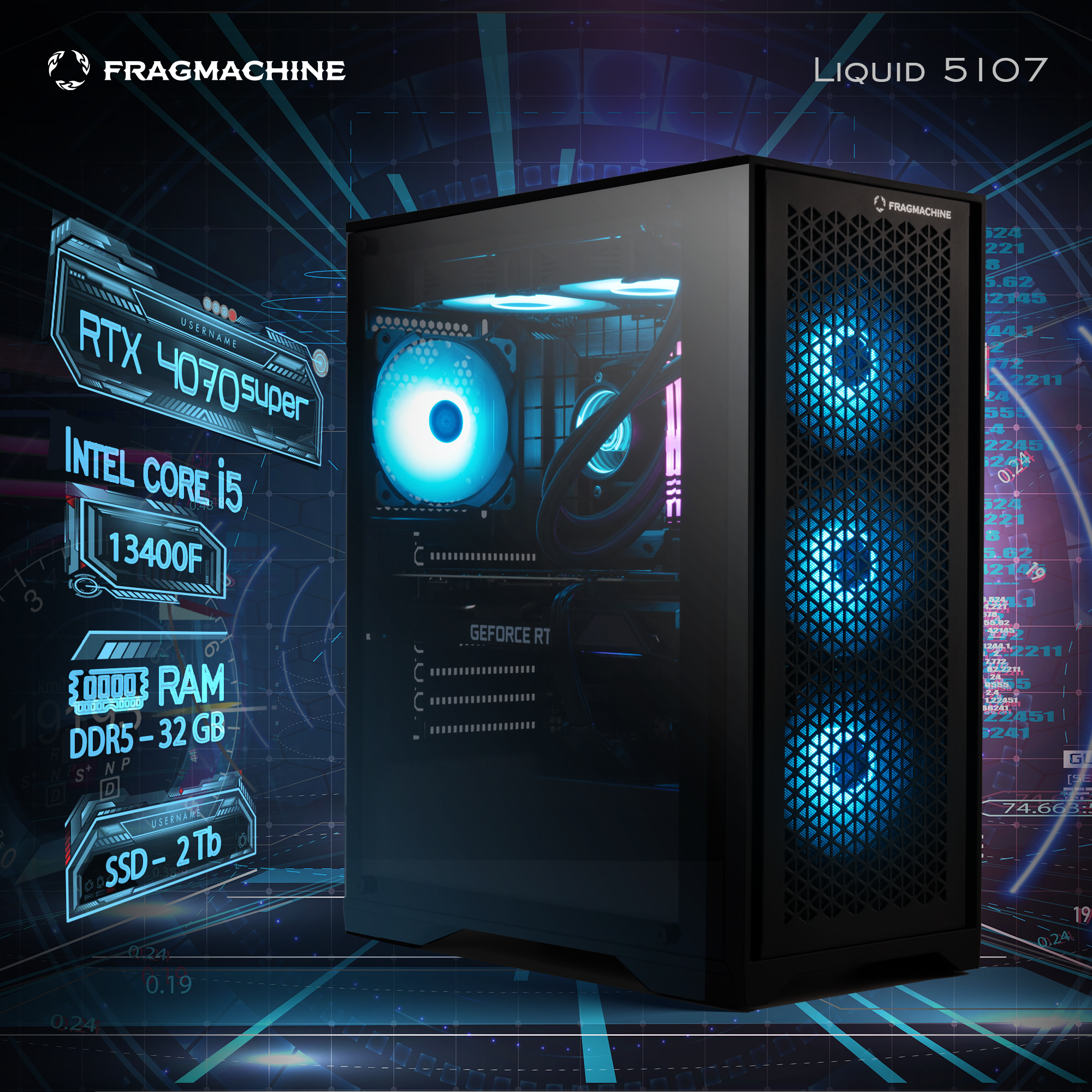 

Системный блок FragMachine Liquid 5107, Intel Core i5 13400F 3.2 ГГц, 32Gb RAM, 2Tb SSD, NVIDIA GeForce RTX 4070 Super 16Gb, W10Pro, черный (L5134R4070S), 5107