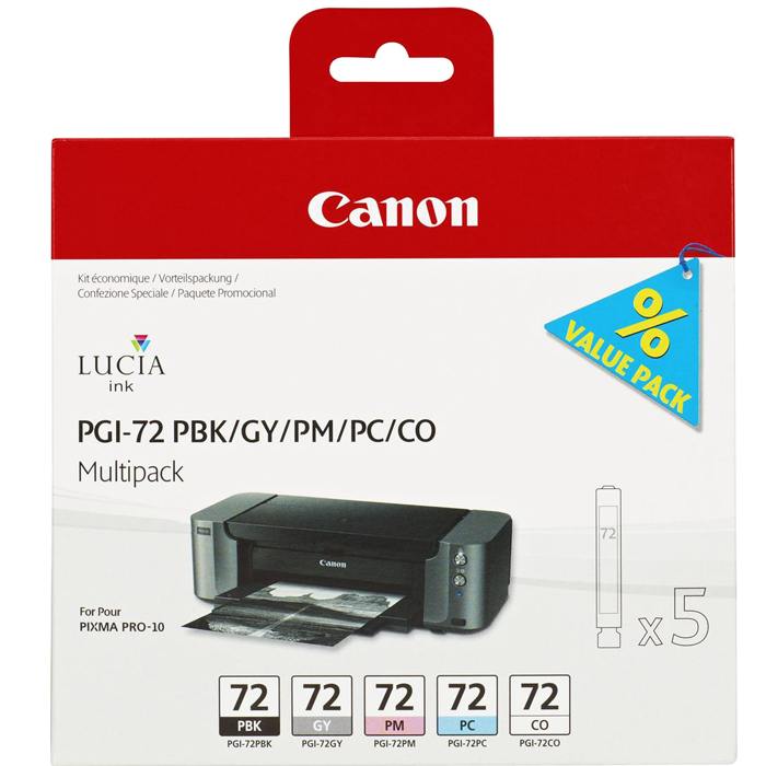 

Комплект картриджей струйный Canon PGI-72 PBK/GY/PM/PC/CO (6403B007), глянцевый черный, серый, глянцевый пурпурный, глянцевый голубой, Chroma Optimizer, оригинальный, объем 14мл, ресурс 510 страниц, 5шт., для PRO-10, PGI-72 PBK/GY/PM/PC/CO